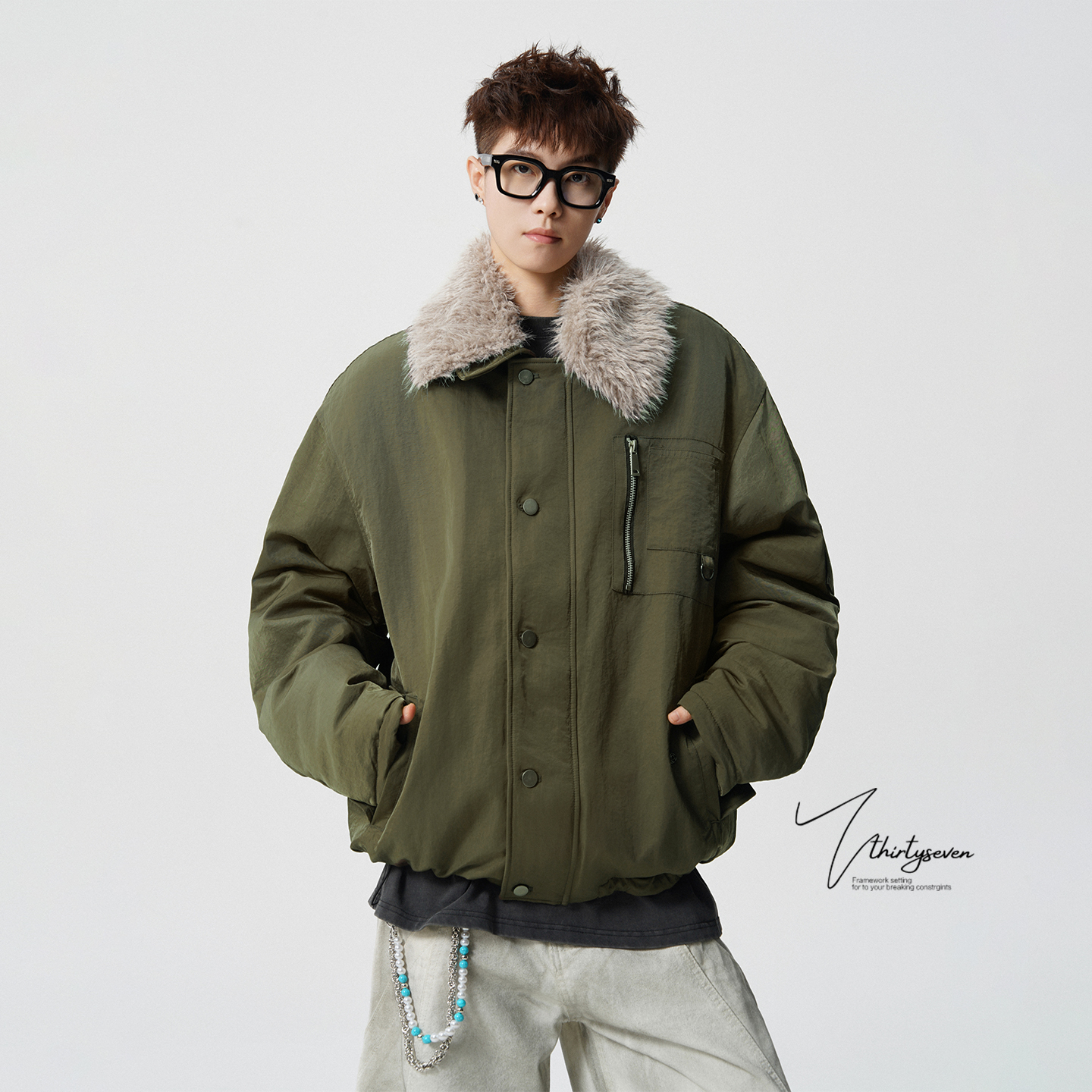 冬季美式重磅高街潮牌毛领棉衣男