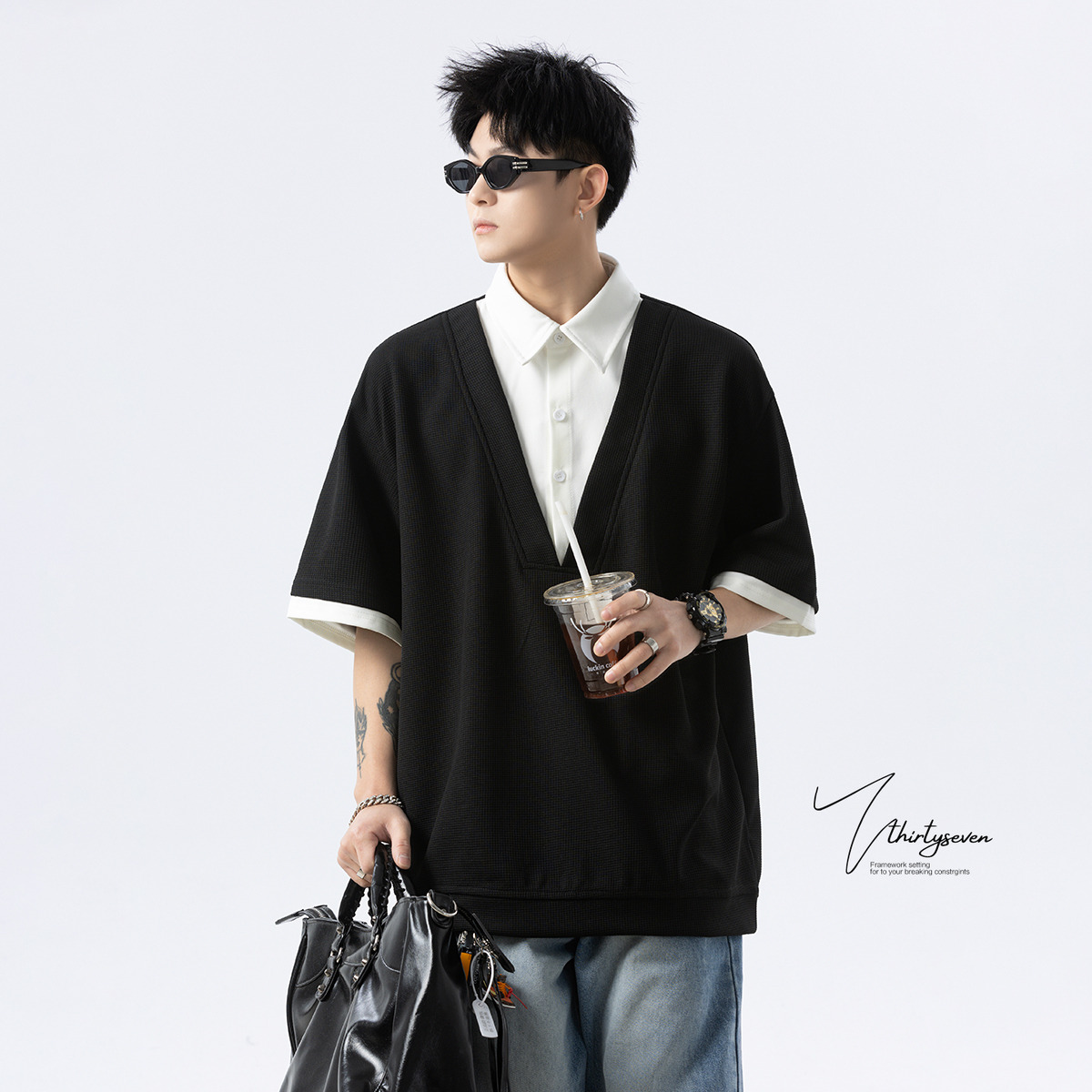 V37假两件短袖t恤男款202