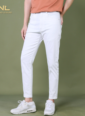 DNL白色牛仔裤男 九分裤韩版修身小脚纯棉夏季新款百搭休闲9分裤