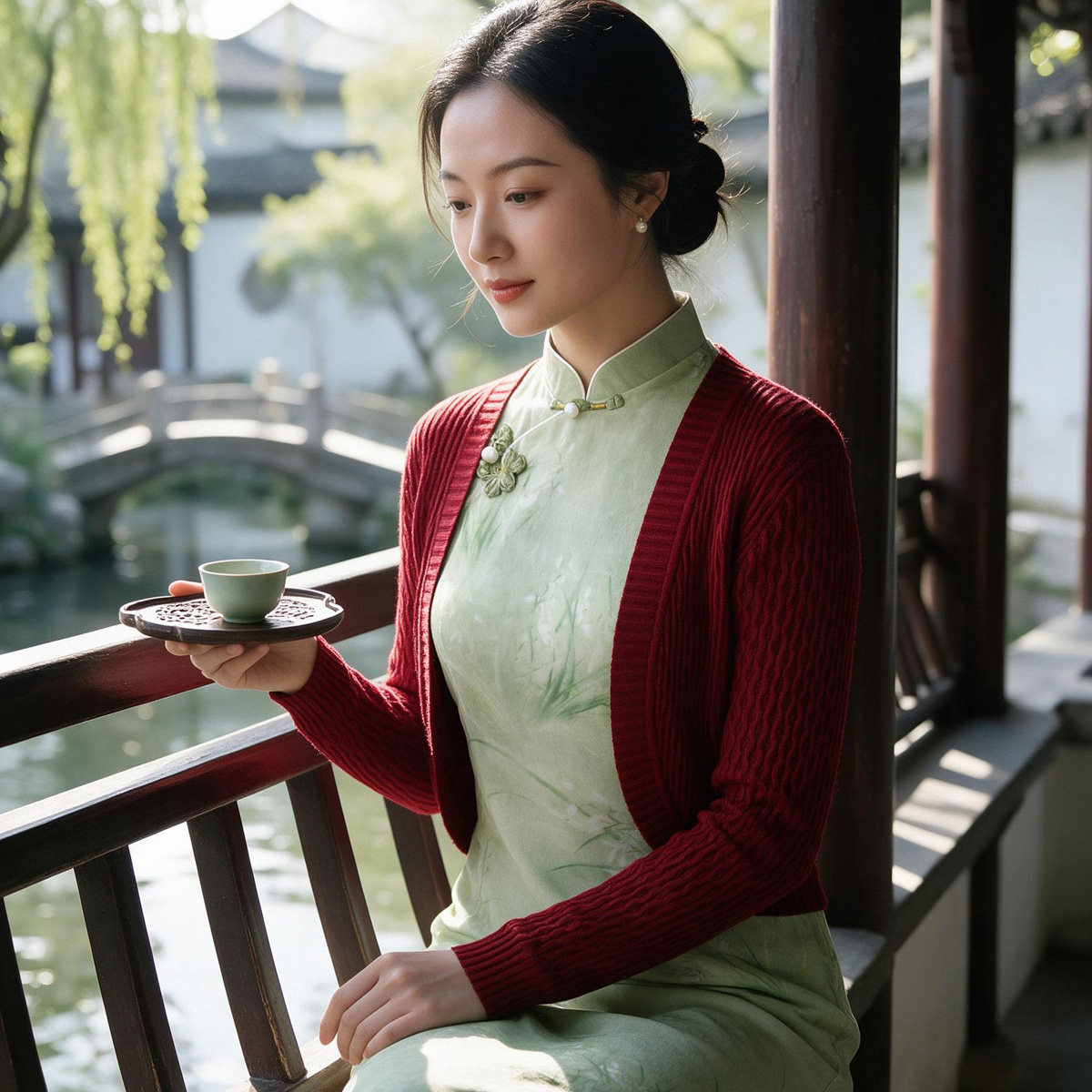 旗袍外搭长袖薄款针织开衫女