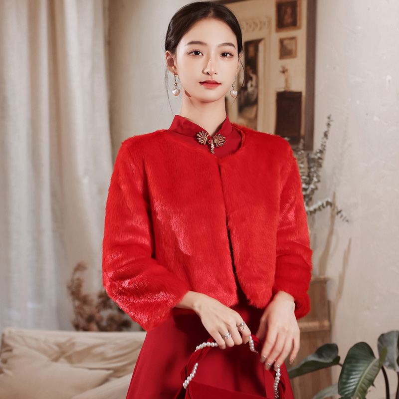 新娘婚纱披肩女秋冬季伴娘结婚礼服外套白色旗袍外搭斗篷长袖披风