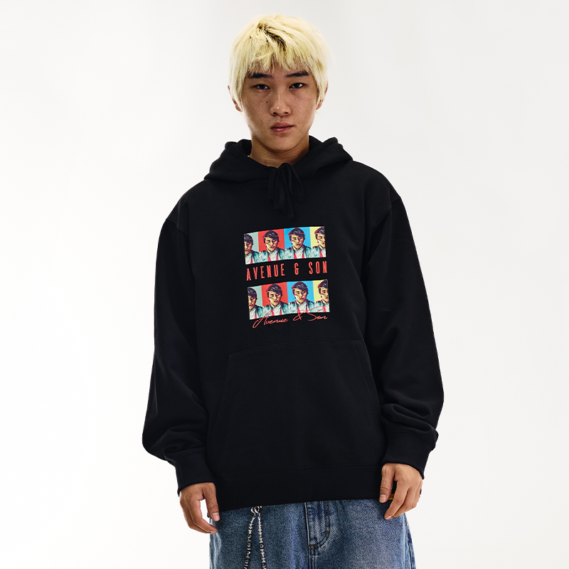 AVENUESON大道之子2025秋冬黑色经典电影致敬印花套头连帽卫衣