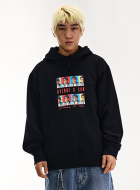 AVENUESON大道之子2025秋冬黑色经典电影致敬印花套头连帽卫衣