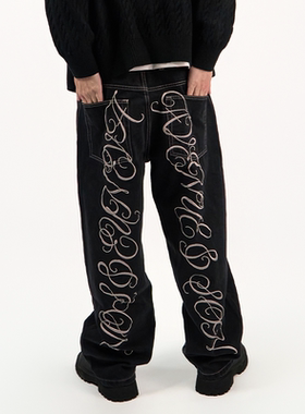 AVENUESON大道之子2025双色重磅刺绣直筒阔腿滑板街舞牛仔裤