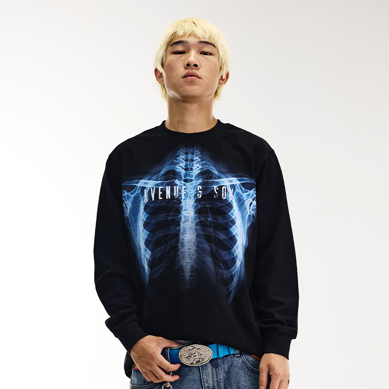 AVENUESON大道之子2025 X光透视骨架印花纯棉长袖T恤