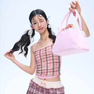 MOF禮物商店 上衣女夏 收腰甜辣無(wú)袖 粉色格子打褶皺吊帶少女感修身