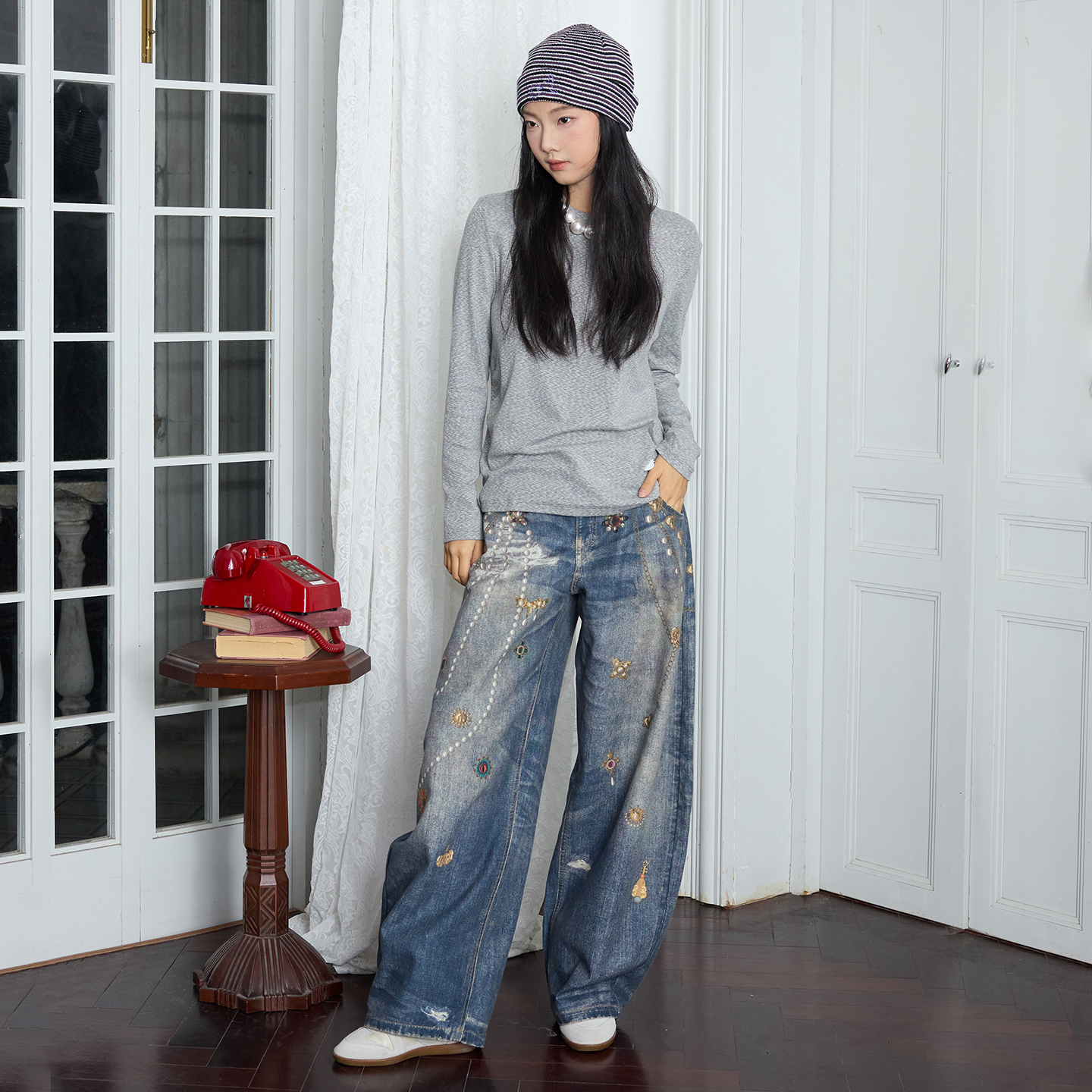 MOF礼物商店 神裤系列 3D打印宝石胸针印花弯刀牛仔裤