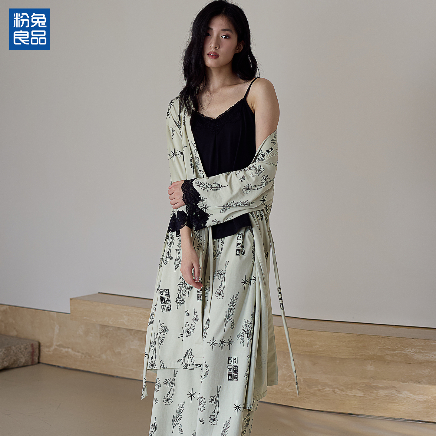 粉兔良品 女款 性感睡衣春秋季100纯棉长袖2025新款三件套家居服