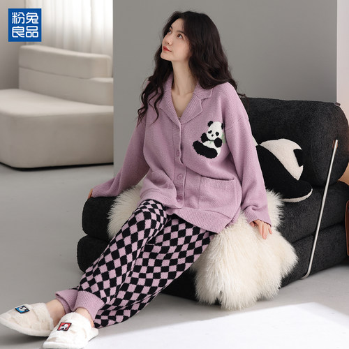 粉兔良品 女款 半边珊瑚绒睡衣秋冬季加厚可外穿家居服2025高级感