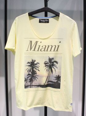 SELECTED思莱德夏季舒适薄款黄色V领迈阿密宽松休闲短袖半袖T恤