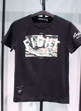 SELECTED斯莱德英文字母夏季黑色圆领修身纯棉休闲短袖半袖T恤