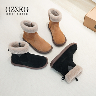 OZZEG秋冬羊羔毛雪地靴女加绒保暖马丁靴皮毛一体中筒棉鞋 23D13