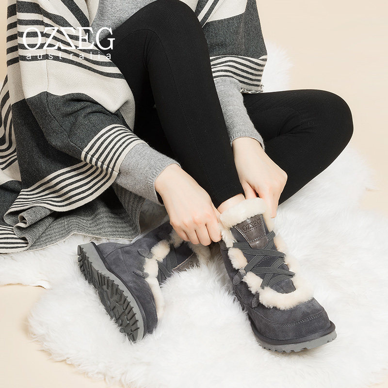 OZZEG雪地靴女2025新款羊皮毛一体秋冬系带加绒加厚保暖棉鞋短靴,女鞋,时装靴,淘宝优惠券,粉丝福利购,淘宝优惠卷
