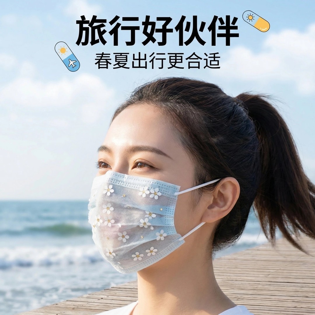 浅蓝色樱花可爱高颜值一次性口罩一层网纱+1层布轻薄款透气款