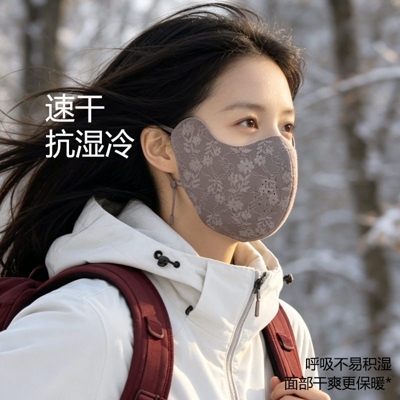 秋冬蕾丝保暖面罩女户外防风防寒速干高颜值口罩户外骑行口罩冬