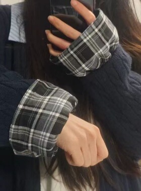 日式格子假袖口 毛衣羽绒服内搭装饰袖套 花边拼接假衬衫袖口多色
