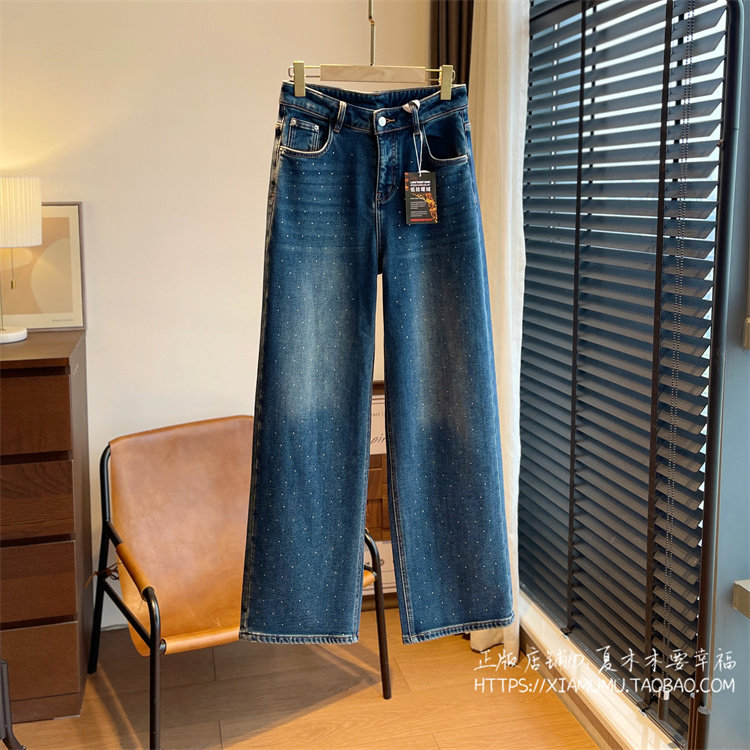 巨显瘦！窄版直筒加绒重工烫钻暗闪棉复古蓝水洗阔腿牛仔裤2025冬