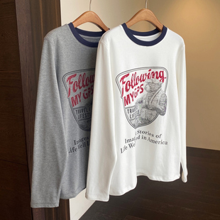 慵懒范宽松显瘦印花加绒打底衫 AMR 休闲 美式 女撞色T恤秋冬新