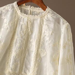 女3W00 法G篙品质含天丝亚麻刺绣花边圆领衬衫 D春天家 精致白月光