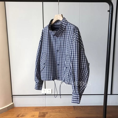 色织100%高支棉格纹立领短外套