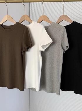 TH高级感女装细坑条正肩显瘦圆领螺纹短袖T恤修身内搭打底上衣女