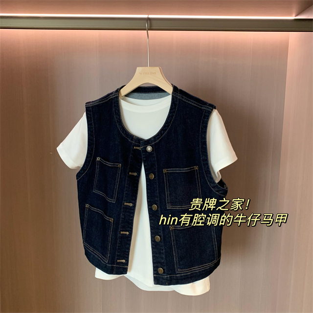 WTHEONE时髦率性复古深蓝圆领短款牛仔马甲叠穿百搭无袖背心外套
