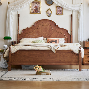 法式复古实木床主卧高端大气中古风家具黑色全实木双人大床