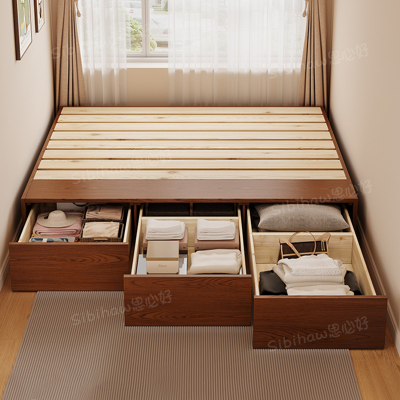 思必好中古风榻榻米实木床白蜡木卧室小户型复古无床头三抽箱体床,住宅家具,实木床,淘宝优惠券,粉丝福利购,淘宝优惠卷