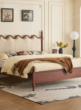 思必好法式中古风床白蜡木实木1米8双人床卧室大床美式复古软包床