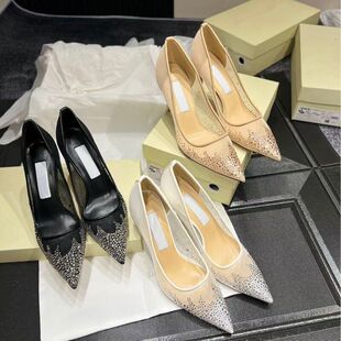高版jc女鞋网纱婚鞋浅口细跟高跟鞋尖头平底烫钻仙女风伴娘鞋单鞋