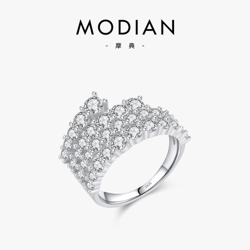 摩典925银轻奢满钻浪花百搭戒指