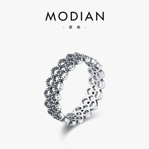 摩典S925纯银蕾丝边花纹爱心戒指