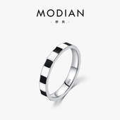 MODIANs925纯银滴胶珐琅戒指小众设计时尚 经典 黑白格子食指指环