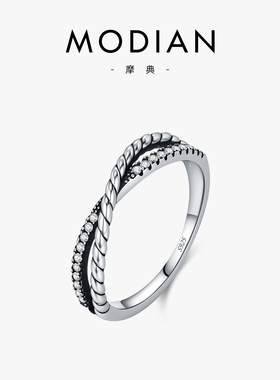 摩典S925纯银复古做旧交叠戴戒指