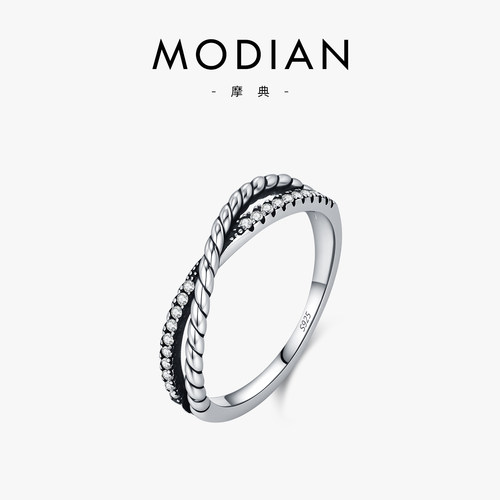 摩典S925纯银复古做旧交叠戴戒指