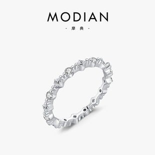 MODIAN摩典S925纯银简约几何镶钻戒指女日韩小众精致排钻食指戒