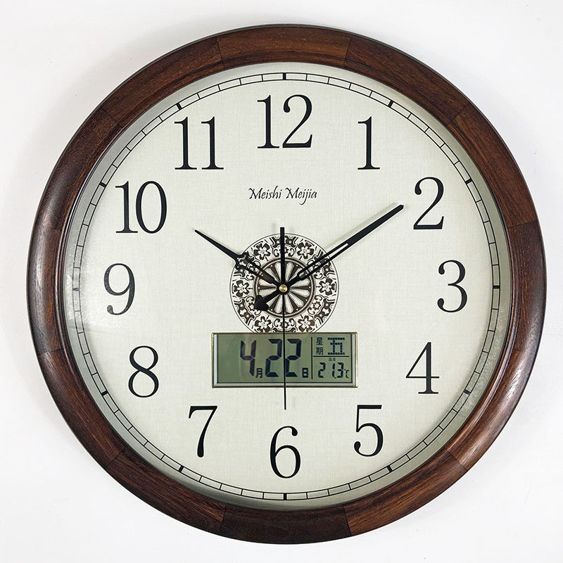 实木静音圆形日历挂钟万年历液晶显示器石英钟客厅简约钟表新中式