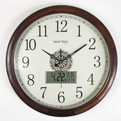 实木静音圆形日历挂钟万年历液晶显示器石英钟客厅简约钟表新中式