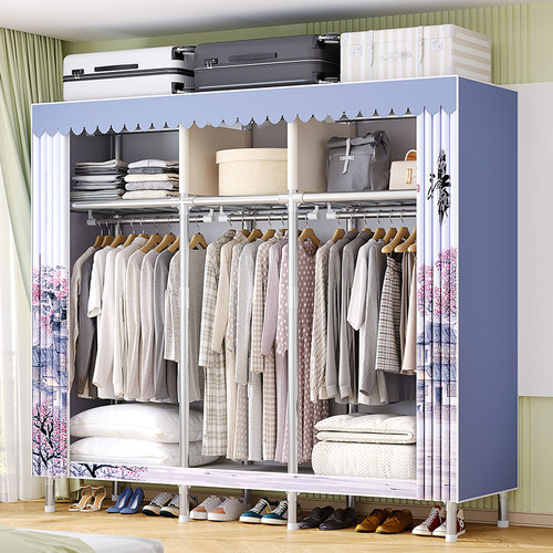 防尘加厚布衣柜钢管加粗加固简易衣帽架全钢架出租房用收纳挂衣橱