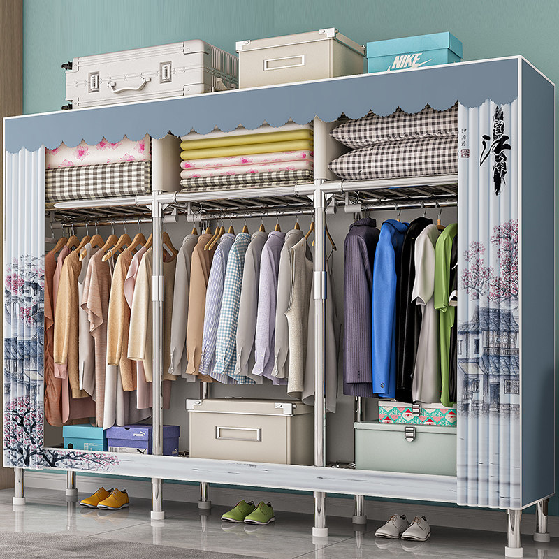 防尘加厚布衣柜钢管加粗加固简易衣帽架全钢架出租房用收纳挂衣橱