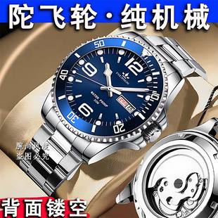 正品瑞士全自动机械表男士夜光镂空防水双日历钢带手表男时尚大气