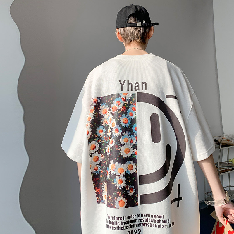 夏季新款个性笑脸雏菊印花短袖T恤男潮牌宽松bf圆领运动半袖体恤