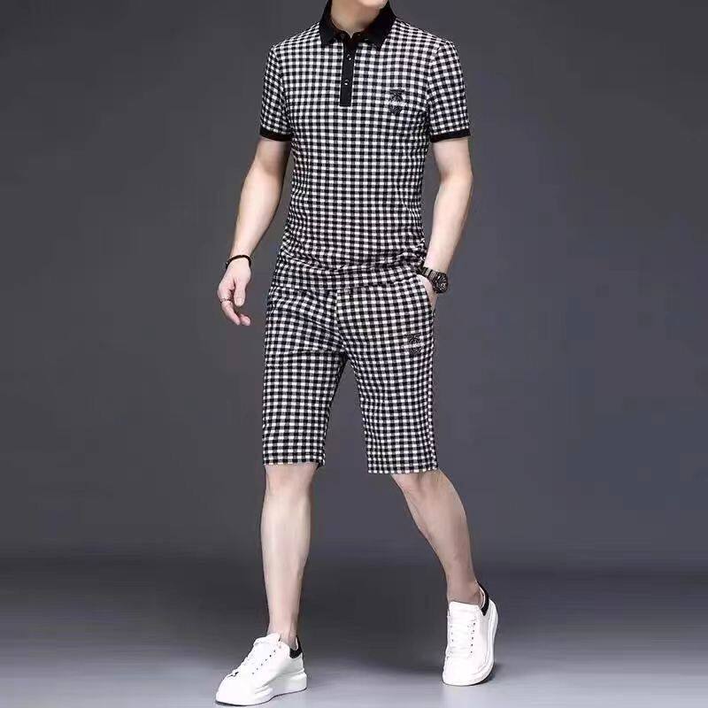 2024 신작 여름 남성 캐주얼 스포츠 정장 남성 트렌디 브랜드 격자 무늬 얇은 통기성 반팔 반바지 2 피스 세트