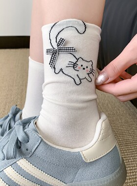白色袜子女夏季薄款纯棉中筒袜ins潮日系可爱小狗堆堆袜无骨长袜