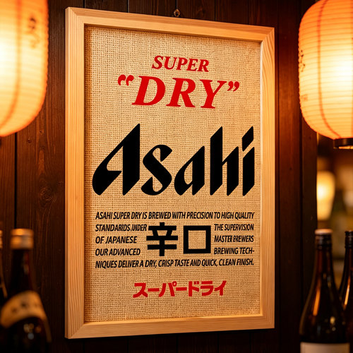 日式居酒屋民宿日本料理店朝日辛口麒麟啤酒海报藤编木框装饰画