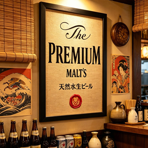 日式居酒屋民宿日本料理店三得利啤酒海报藤编竹席木框复古装饰画