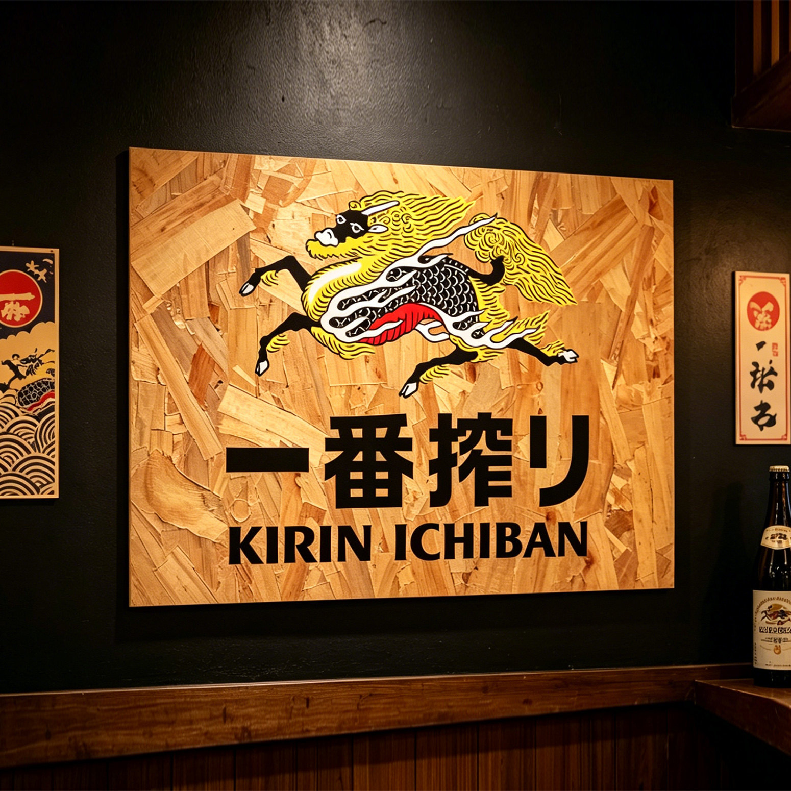 日式居酒屋烤肉日本料理店一番榨麒麟啤酒海报欧松木板复古装饰画
