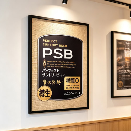日式居酒屋烧肉日本料理店三得利PSB啤酒海报藤编竹席木框装饰画
