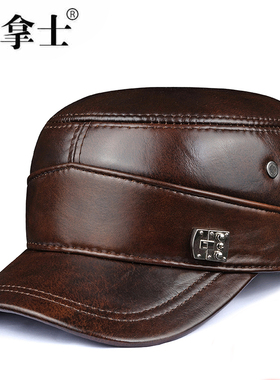 真皮帽子秋季冬男帽护耳牛皮平顶帽鸭舌帽时尚男士休闲中老年帽