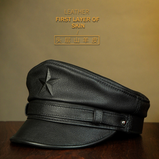 真皮帽子机车水手船长帽男羊皮五角星鸭舌帽海军风头层牛皮贝雷帽